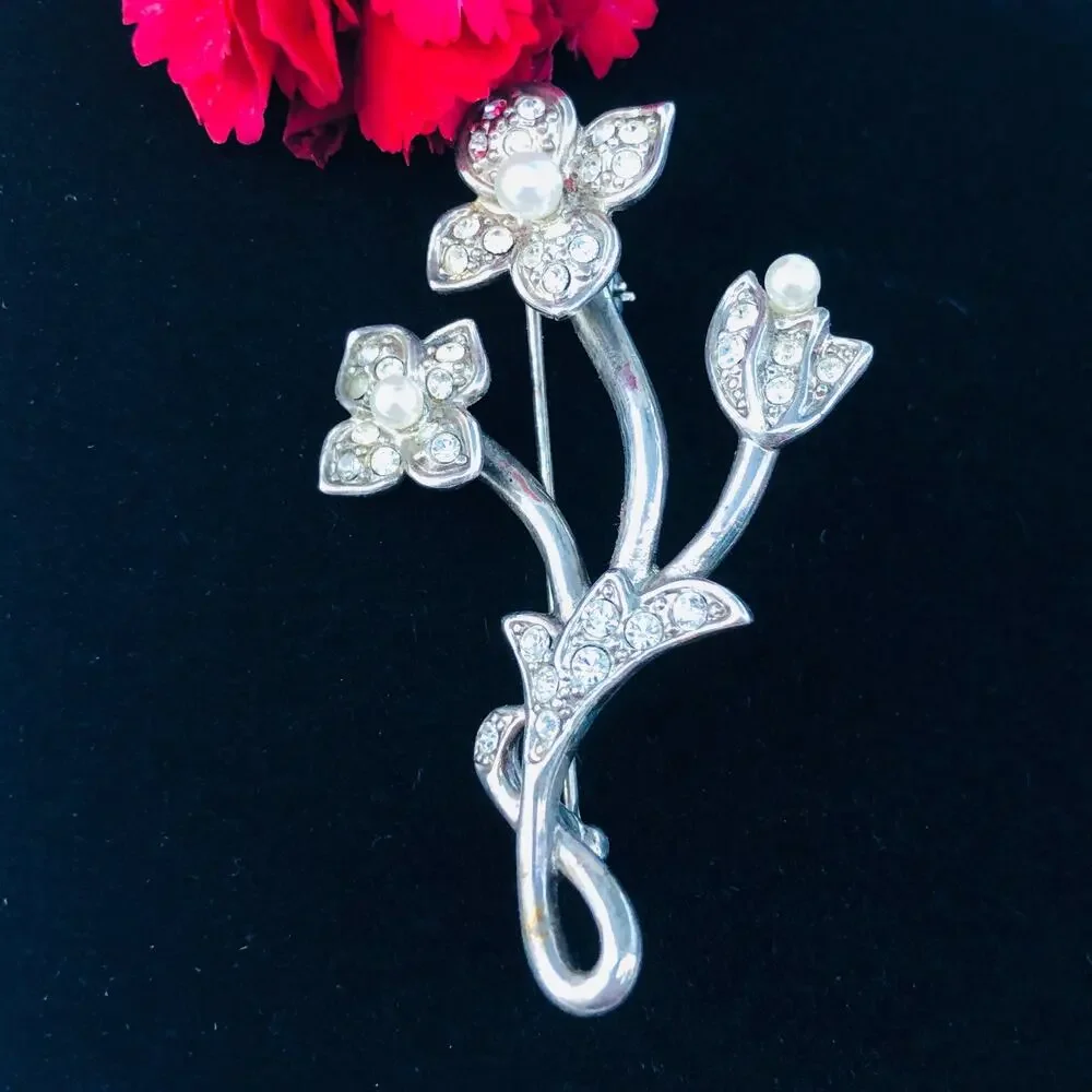 Vintage 1930s Monet Rhinestone & Faux Pearl Floral Brooch Pin